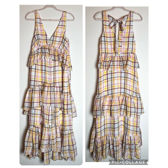 Cinq A Sept Astor Dress Pink Cream Yellow Plaid Ruffle Tiered NWT Sz 8 New - Picture 2 of 15